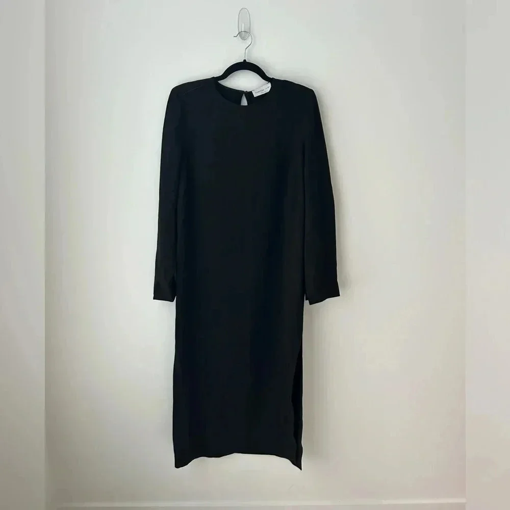 Aritzia Babaton Black Midi Dress Minimalist Open Back Slit Long Sleeve Size 6 - Picture 2 of 14